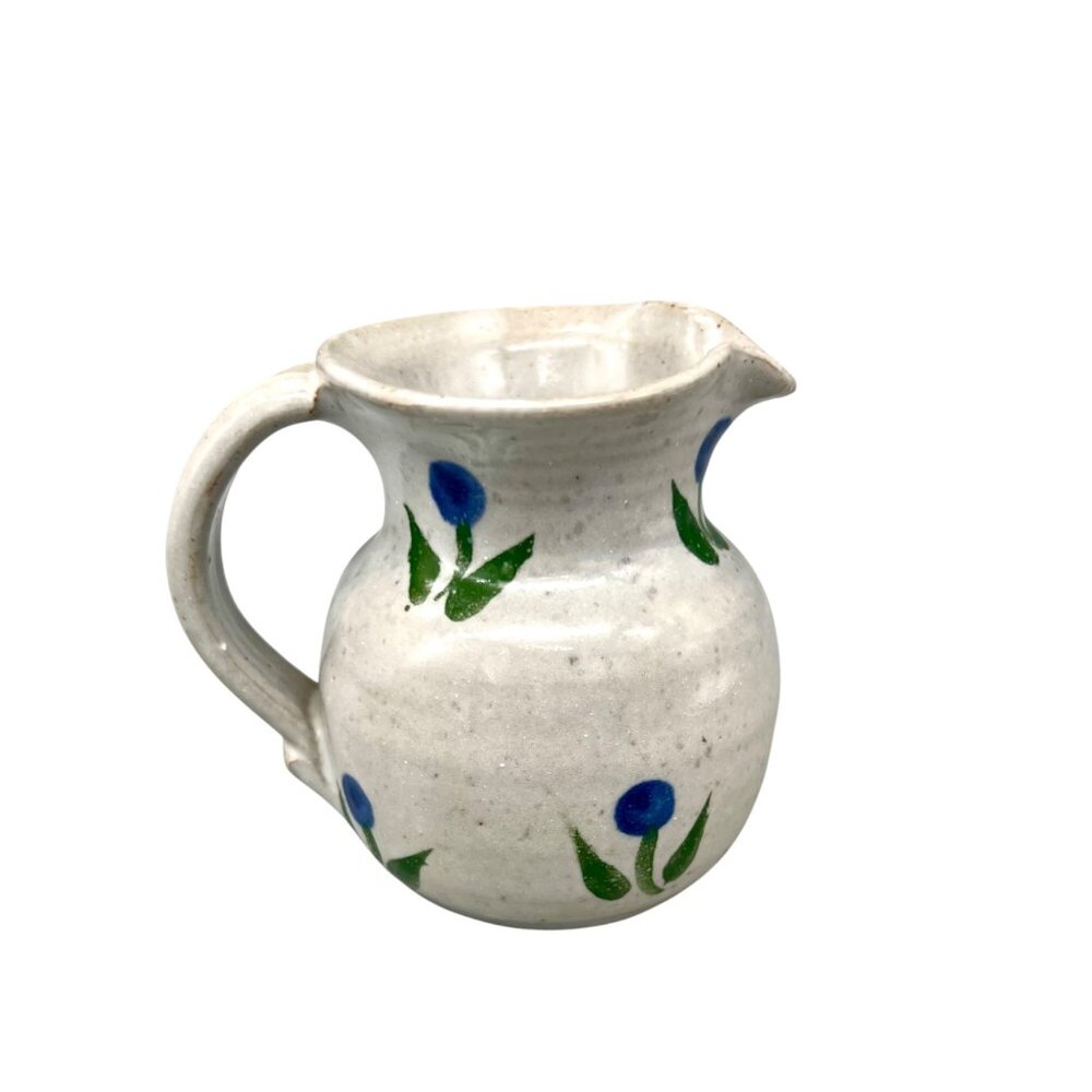 Handmade Vintage Burnett Pottery Creamer Pitcher Blue Floral Cottagecore 3"H